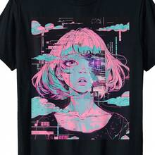 Men's & Unisex Cyberpunk Anime Graphic T-Shirt - Harajuku Streetwear With Neon Manga Art, Moisture-Wicking Lightweight Fabric, All-Season Casual Wear For Outdoor & Daily Use Versatile And Simple Loose Round Neck Short Sleeve T-Shirt - 黑色 - 查看 1