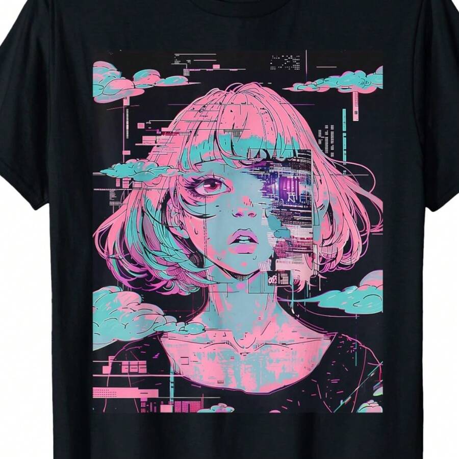 Men's & Unisex Cyberpunk Anime Graphic T-Shirt - Harajuku Streetwear With Neon Manga Art, Moisture-Wicking Lightweight Fabric, All-Season Casual Wear For Outdoor & Daily Use Versatile And Simple Loose Round Neck Short Sleeve T-Shirt - 黑色 - 查看 1