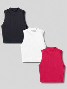 Kit With 3 Cropped High Neck Ribbed Women's Blogger Blouses - đen/hồng/trắng - Xem 1