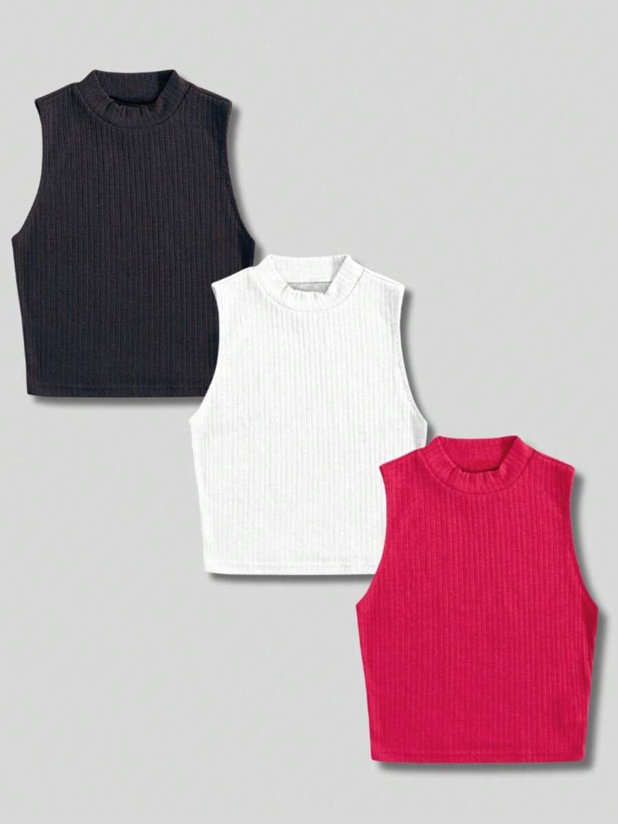 Kit With 3 Cropped High Neck Ribbed Women's Blogger Blouses - đen/hồng/trắng - Xem 1