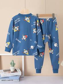 2件套男童加厚保暖内衣套装，蓝色火箭卡通印花睡衣，秋冬保暖家居服