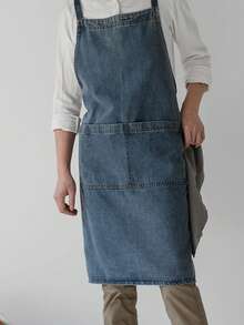 1pc Korean Style Thick Cotton Canvas Denim Apron, Anti-Stain Household Kitchen Work Uniform Bib, Barista Apron - Multicolor - View 14