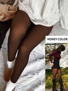 1 Pair High-Elasticity Fleece-Lined Thermal Leggings For Women - Soft Polyester Blend, Warm & Comfortable, Machine Washable, Perfect For Winter Fashion And Cold Weather, Winter Leggings Soft Texture Leggings, High Waisted Leggings,For -5~15℃ - 黑透蜂蜜 - 查看 2