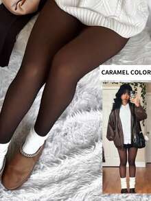 1 Pair High-Elasticity Fleece-Lined Thermal Tights For Women - Soft Polyester Blend, Warm & Comfortable, Machine Washable, Perfect For Winter Fashion And Cold Weather, Winter Soft Texture High Waisted Tights, For -5~15℃ - 黑透焦糖 - 查看 7
