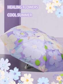 1pc Automatic Folding Umbrella With Floral Oil Painting Design, Black Coating UV Protection, Suitable For Sunny And Rainy Days