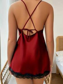 Plain    Contrast Lace  Sheer  Backless    Sleeveless - Màu Đỏ Sâu - Xem 2