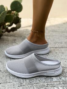 Scarpe casual da donna alla moda in maglia grigia traspirante, scarpe slip-on comode, eleganti mocassini casual, scarpe sportive da tempo libero senza tallone per donne