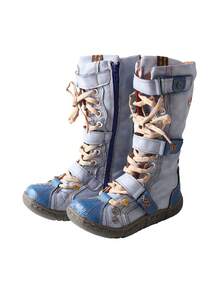 1 PairTMA EYES Women's Flat Bottom Padded Warm Thigh High Boots PU Leather Casual Side Zip Women's Boots - 藍色 - 查看 2