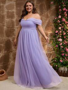 Plus Tulle Off The Shoulder Maxi Dress For Wedding Guest Evening Party Formal Event Prom Gowns Fashion Elegant Cruise Graduation Homecoming Curve - Mauve Purple - View 5