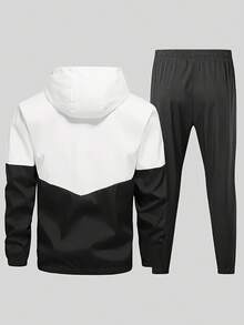 2pcs Set, Men's Hooded Casual Sports Suit - Versatile Jacket Long-Sleeved Top + Sports Pants, Breathable And Comfortable Drawstring Stretch Pants, Machine Washable - Ideal Travel Choice For Spring And Autumn, Outdoor, Blended - Trắng và đen - Xem 4