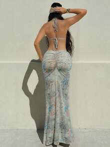 Women's Two Piece Maxi Skirt Sets Summer Beach Sexy Ruched Backless Pearls Chain Decor Crop Top And Cut Out Skirt - Xanh nhạt - Xem 3