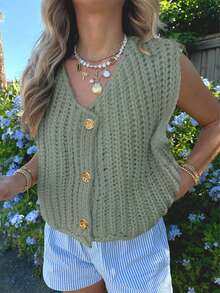 Damski luźny, swobodny sweter kamizelka z dzianiny jednorzędowej, szałwiowo-szary, jesień/zima - Zielony - Zobacz 5