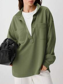 Fisoew Women Oversized Sweatshirt Long Sleeve Henley V Neck Pullover Top Fall Winter Cozy Loungewear Casual Streetwear Soft Y2K Vintage Blouse - xanh quân đội - Xem 2
