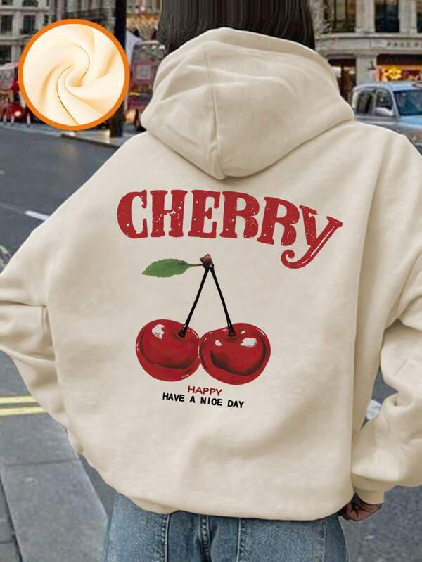 1 peça de moletom com capuz e estampa de cereja para meninas adolescentes, casual, caimento solto, forro de lã quente, adequado para estudantes e jovens, outono/inverno