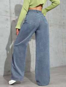 Pantalones Larga Duración y Suelta Mezclilla Anchas Jeans Piernas Anchas Talla Grande para Mujer Azul Claro Cintura Alta Elásticos - Gris - Ver 3