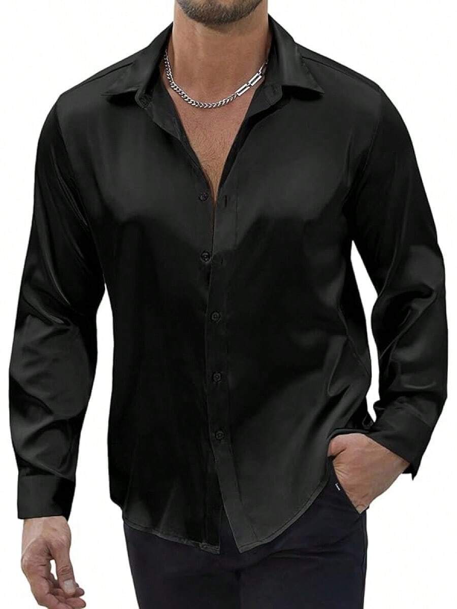 Mens Silk Satin Shirts Long Sleeve Button Down Loose Fit Dress Shirt Luxury Party Prom Wedding Shirtshalloween - màu đen - Xem 1