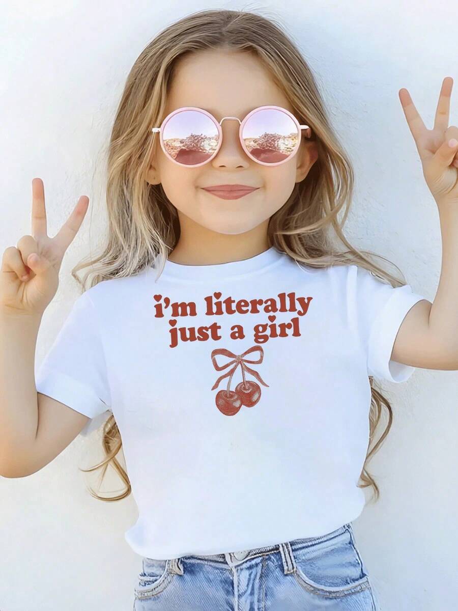 I'm Literally Just A Girl Slogan Graphic Tee For Women, Casual Style Short Sleeve Round Neck Top With Cute Cherry Pattern, Comfortable Everyday Wear, Available In Multiple Sizes - trắng - Xem 1