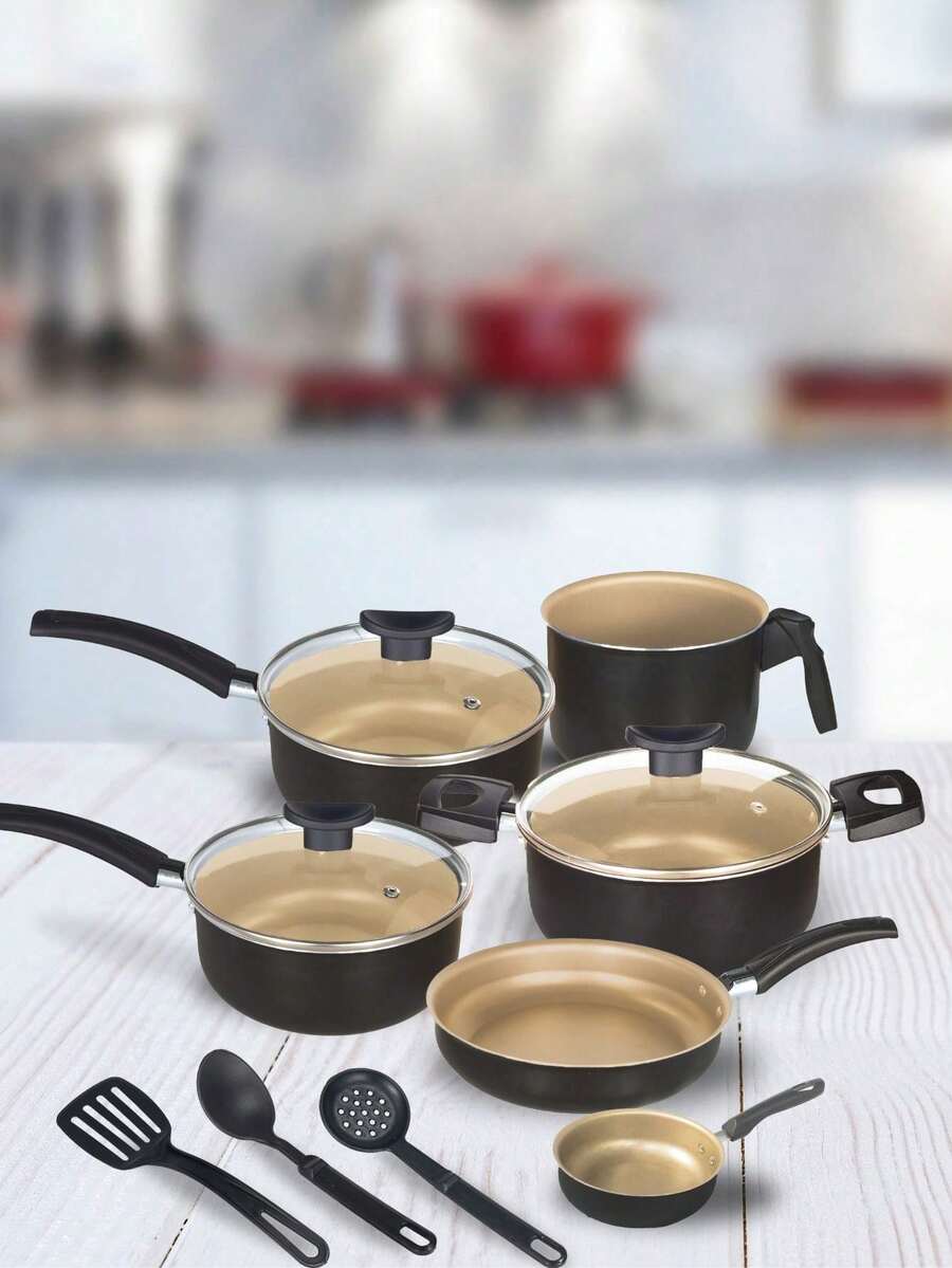 Cookware Set Casserole Set 9 Pieces Kit Nonstick Glass Lid Elegance With Cutlery - 黑色與奶油色 - 查看 1