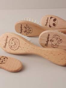 Customized Baby Shower Gift Set Natural Beechwood Flat Comb Set With Wool Brush & Massage Cushion - Personalized Name & Animal Designs For Hair Care & Scalp Health,Christmas Gift Supplies