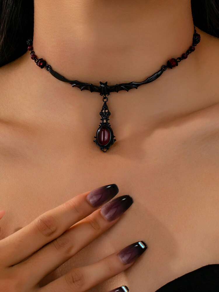 1pc Gothic Halloween Bat Necklace - Dark Black & Red Vampire Accessory - Women Halloween Costume Party Jewelry - Black Bat Charm Necklace - View 1