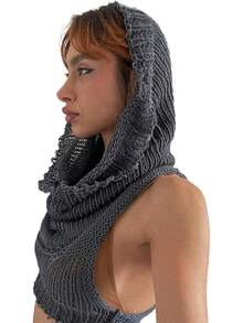 Women Knitted Hoodie Sweater Vest Sleeveless Hollow Out Hooded Crop Top Streetwear Rave Oufit - Gray - 查看 4