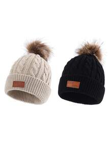 2 件 FAS 标志针织帽，男女通用，儿童保暖麻花针织帽 - 2pcs - 查看 10