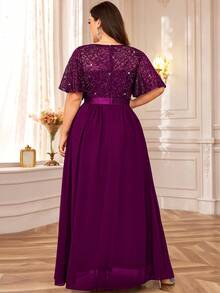 加亮片花卉蕾丝蝴蝶袖雪纺褶边晚会长裙，婚礼宾客礼服，适合生日、舞会、晚宴、节日