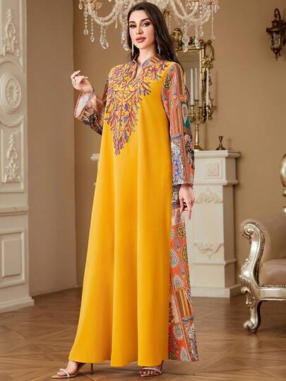 Women's Middle Eastern Arabic Heavily Embroidered Splice Print Beaded Long Sleeve Dress, Suitable For Home, Casual, Party, Ramadan, Eid Al-Fitr, Eid Al-Adha, Abaya