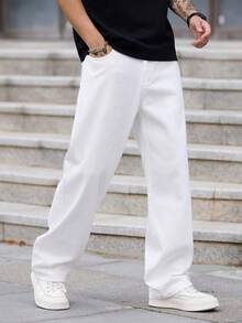 1件 Justice Brother 休闲宽松直筒牛仔裤，简约港式男士时尚舒适长裤，四季皆宜 - 白色 - 查看 1