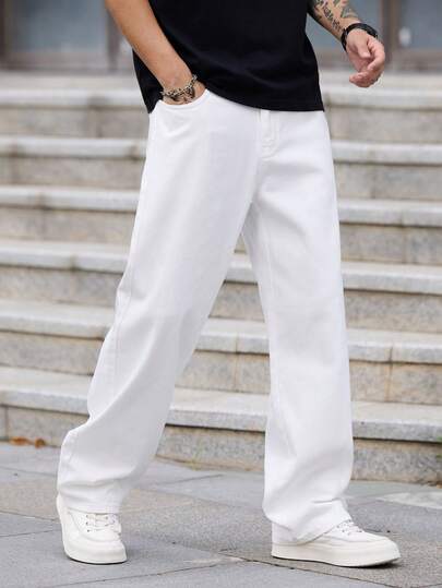 1 chiếc quần jeans ống đứng dáng rộng Justice Brother, kiểu dáng đơn giản phong cách Hồng Kông, thoải mái dành cho nam giới, phù hợp mọi mùa.