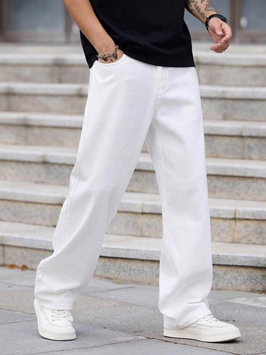 1件 Justice Brother 休闲宽松直筒牛仔裤，简约港式男士时尚舒适长裤，四季皆宜 - 白色 - 查看 1