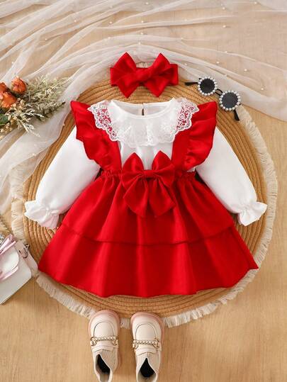 2pcs Baby Girls Cute Floral Ruffle Collar Long Sleeve Top And Pinafore Dress Set, Suitable For Autumn/Winter Holiday Events
