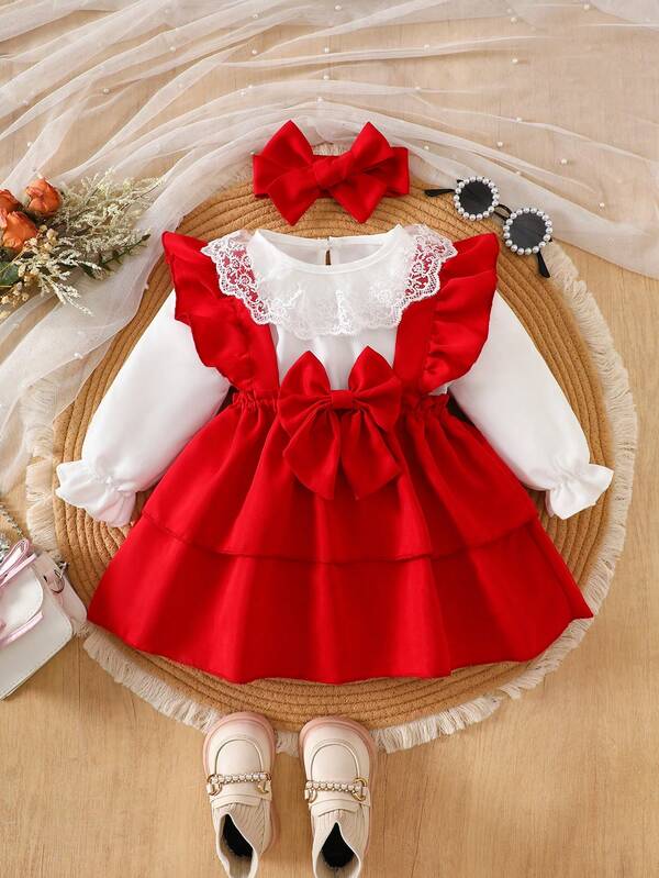 2pcs Baby Girls Cute Floral Ruffle Collar Long Sleeve Top And Pinafore Dress Set, Suitable For Autumn/Winter Holiday Events
