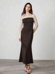 Women's Elegant Turndown Collar V-Neck Color Block Long Sleeve Maxi Dress, Suitable For Commuting, Autumn/Winter