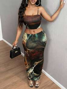 Halloween Clothes For Women Women's 2 Piece Outfits Summer Tie Dye Crop Top Asymmetric Slit Skirt Set Sexy - Multicolor - View 1