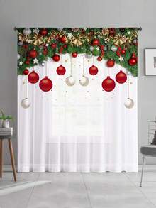 1pc Christmas Red Balloon Pine Needle Snowflake Print Curtain Sheer, Christmas Decor For Window, Wall, Bedroom, Office, Kitchen, Living Room, Home Decoration Curtain Christmas Decorations Christmas Decoration Christmas Decorations Home Room Decor