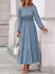 Womens Long Sleeve Fall Dresses Casual Crew Neck Smocked High Waist Tiered Flowy Maxi Dress With Pockets - Xám Xanh - Xem 4