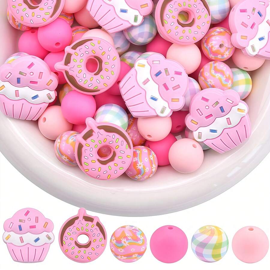 25/34pcs Donut & Cake Silicone Bead Set, Suitable For Jewelry Decoration Accessories, Earrings, Necklaces, Bag Chains, Phone Charms, Makeup Brushes, Keychains DIY Kit, Perfect For Holidays And Birthdays - Donut Cake Mix - View 1