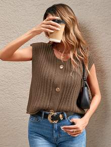 Chaleco de punto acanalado holgado y casual para mujer con botones dorados vintage en la parte delantera y cuello en V, de longitud regular, elegante para atuendos de moda de otoño e invierno - Camel - Ver 8
