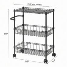 Studyset 3 Tier Heavy Duty Rolling Cart,Rolling Storage Cart With Wheels, Metal Kitchen Cart With Baskets Handles,Wire Shelving Rolling Snack Storage Cart Utility Trolley For Kitchen, Dining Room, Home Office - Black - View 2