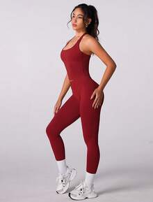 Workout Sets For Women Seamless Scunch Butt Lifting Impact Leggings Halter Sports Bra 2 Piece Gym Outfits - Câu cá Longline Red - Xem 4
