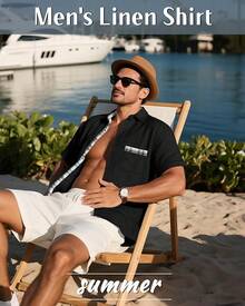 Men's Big And Tall Linen Shirts, Button Down Short Sleeve Summer Shirt Casual Cotton Beach Vacation Tops With Pockethalloween - 黑色 - 查看 6