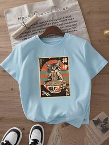 Tween Girls' Casual Graphic Print Crew Neck Short Sleeve T-Shirt, Summer Top - Baby Blue - View 2