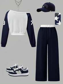 青少年女孩数字印花斜肩运动衫和运动裤套装 - 白色 - 查看 2