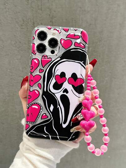 1 Peça Capa de Telefone Transparente à Prova de Choque com Gráfico de Coração, Rosto de Fantasma, Caveira, Compatível com Apple 15 Pro Max, 11/12/13/14 Plus, XR/7/8 Plus, TPU + Cordão com Laço