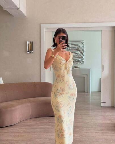 Vestido Largo para Mujer - Tirantes con Volantes, Escote V y Transparente Ajustado. ¡Perfecto para Citas, Playa, Fiestas, Noches de Baile