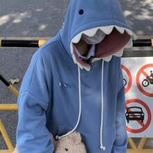 Women Cute Shark Hoodie Long Sleeve Blue Kawaii Animal Shark Shape Hooded Pullover Sweatshirts - 藍色 - 查看 10