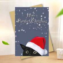 Christmas Greeting Card With Envelope - 1pc - "Have A Purrfect Christmas" Black Cat With Santa Hat Holiday Card For Anyone