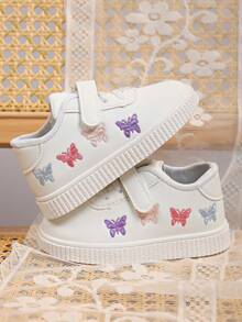 1双儿童男女通用多功能魔术贴休闲白色运动鞋，舒适透气卡通刺绣平底学生鞋，时尚校园风运动鞋 - 白色 - 查看 1