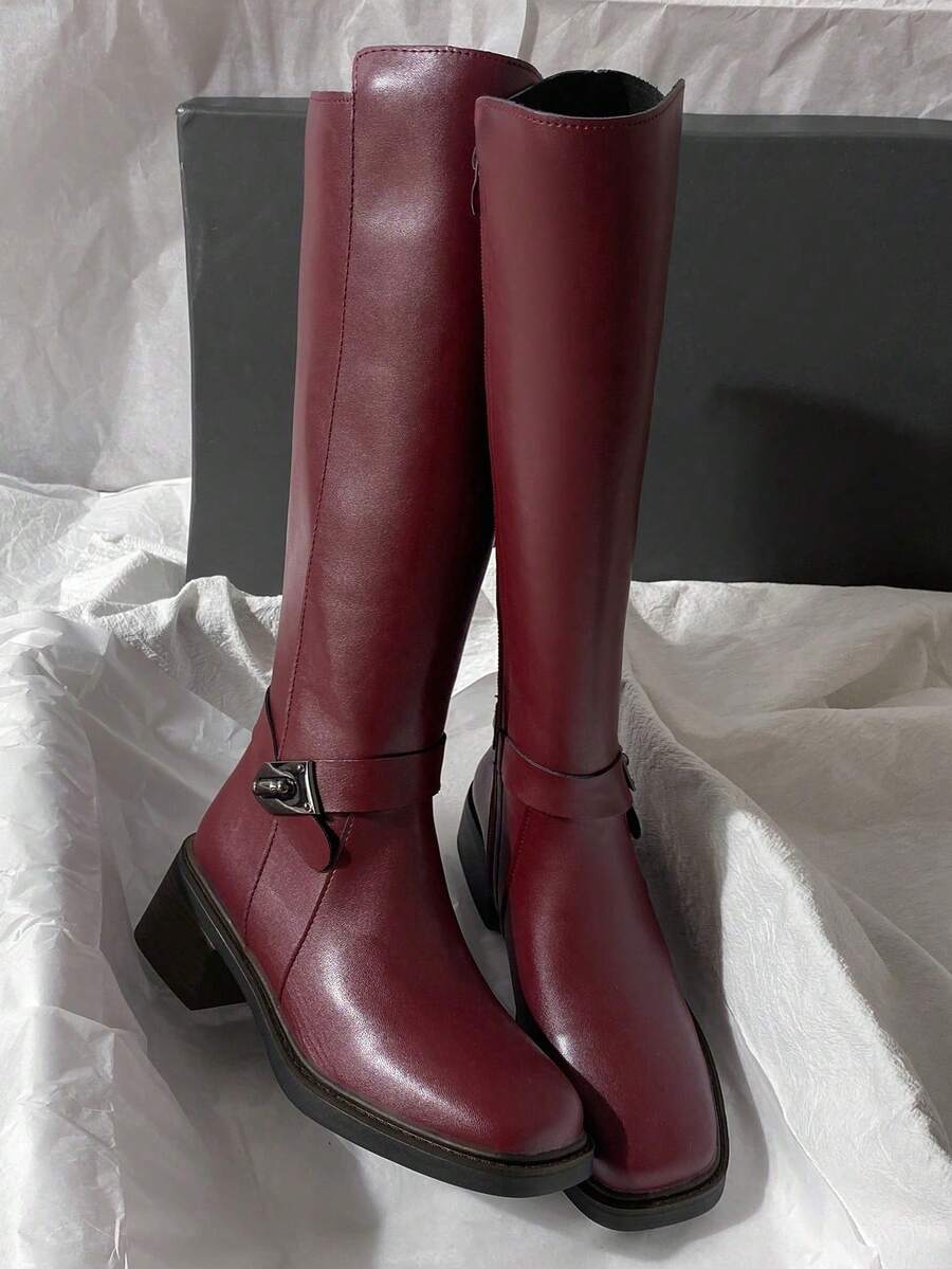 Fall/Winter 2025 New Mid-Heel Knee-High Boots, Simplistic Motorcycle Riding Style, Versatile For Women - Burgundy - View 1